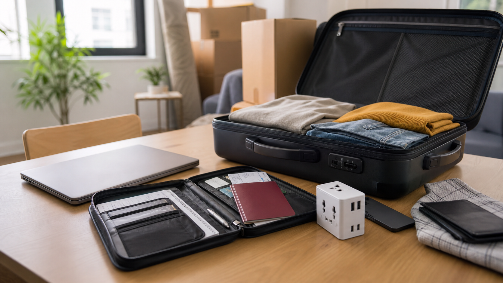 Geöffneter Koffer mit Dokumentenmappe, Laptop und Reiseadapter als Vorbereitung fürs Auswandern