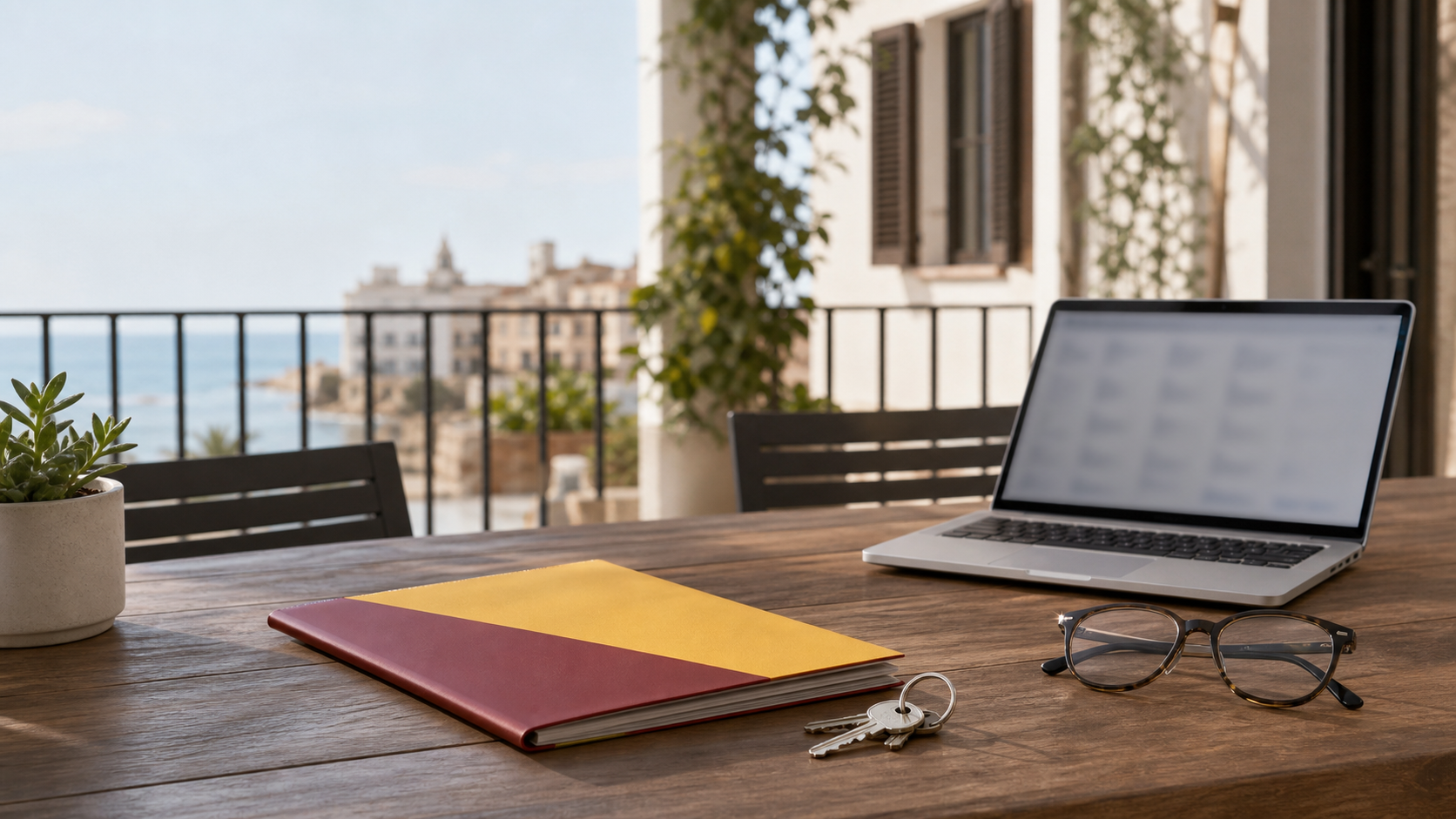 Versicherungsunterlagen, Schlüssel und Laptop auf einer Terrasse in Spanien