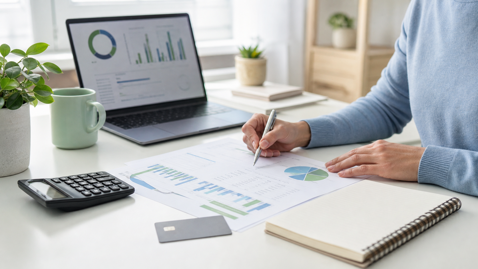 Finanzplanung mit Laptop, Unterlagen und Rechner als Symbol für Alternativen zum Ratenkredit