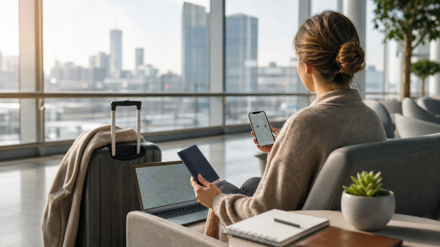 Allein reisende Person mit Koffer, Laptop und Karte als Symbol für Auswandern als Single