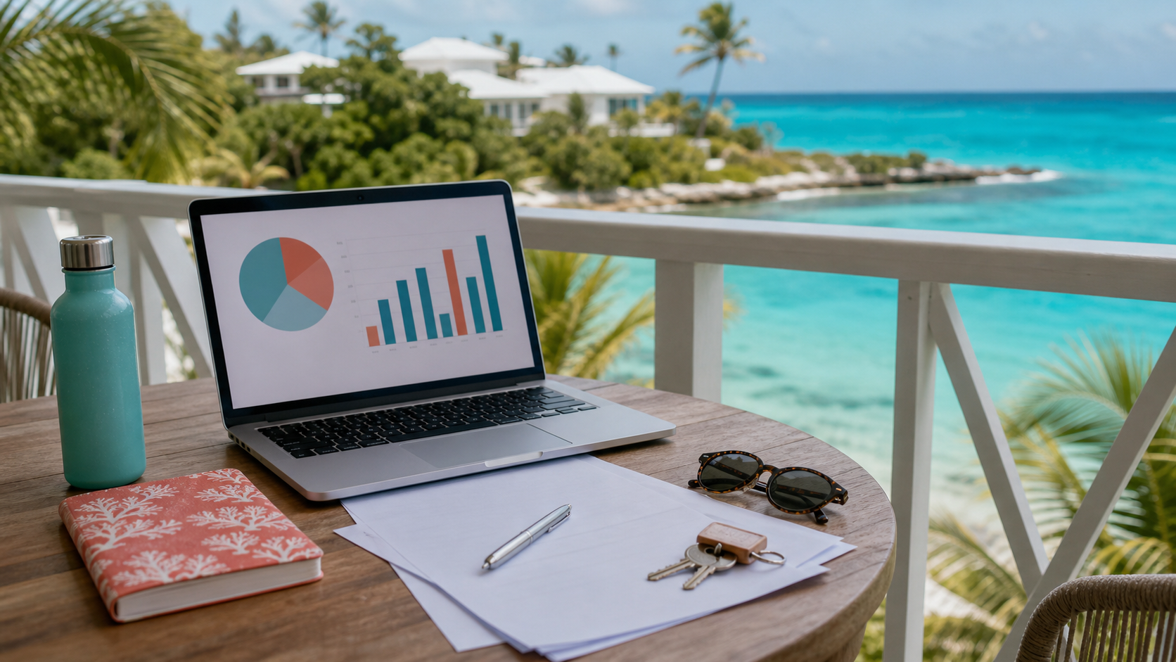 Planungstisch mit Laptop und Unterlagen auf einer hellen Bahamas-Terrasse am Meer