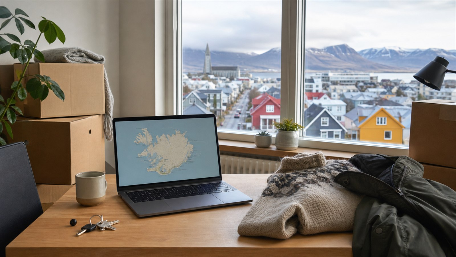 Umzugsvorbereitung in Reykjavik mit Island-Karte, Kartons und Blick auf die Stadt