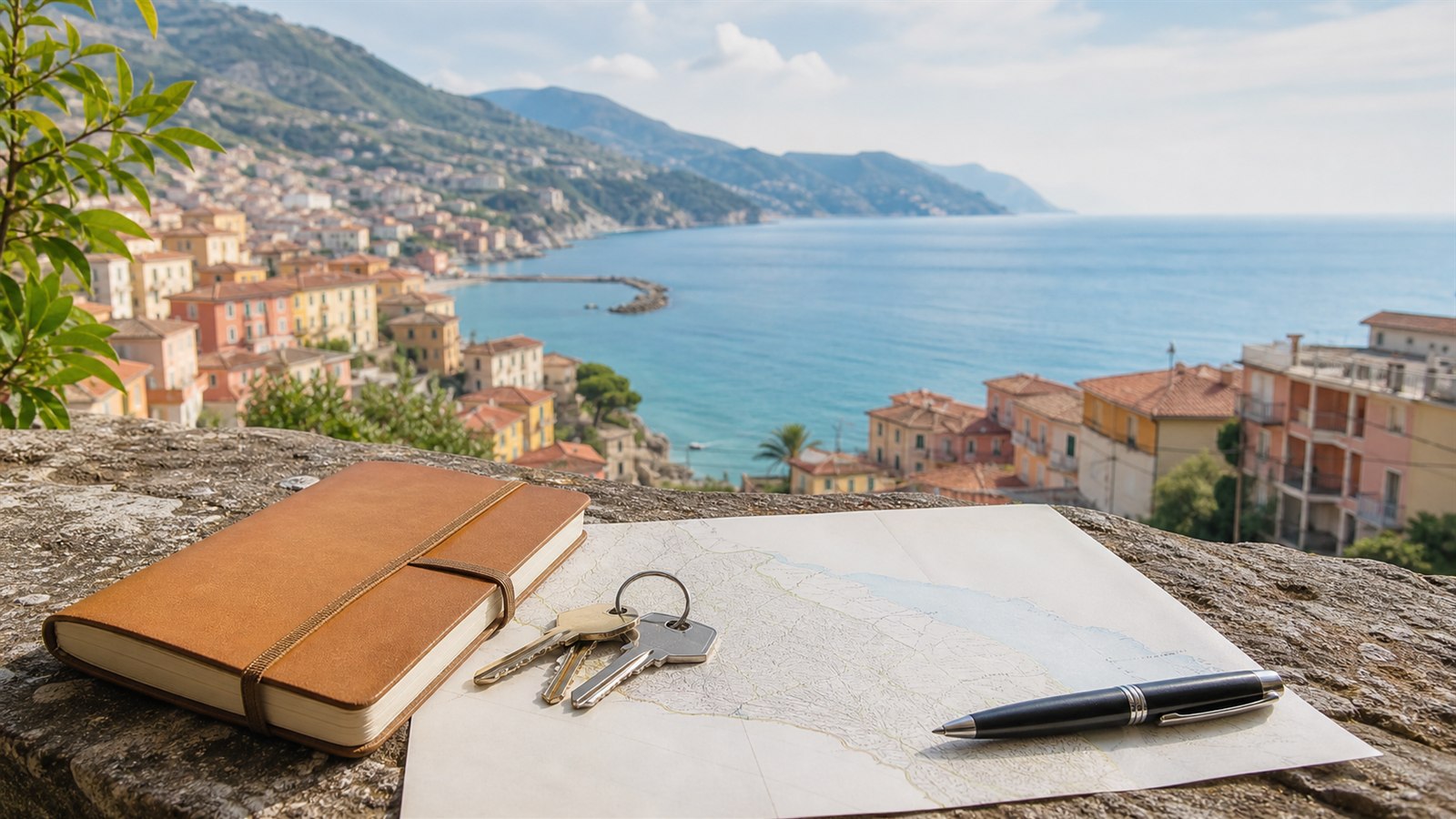 Planungsunterlagen und Schluessel vor einer ligurischen Kuestenlandschaft
