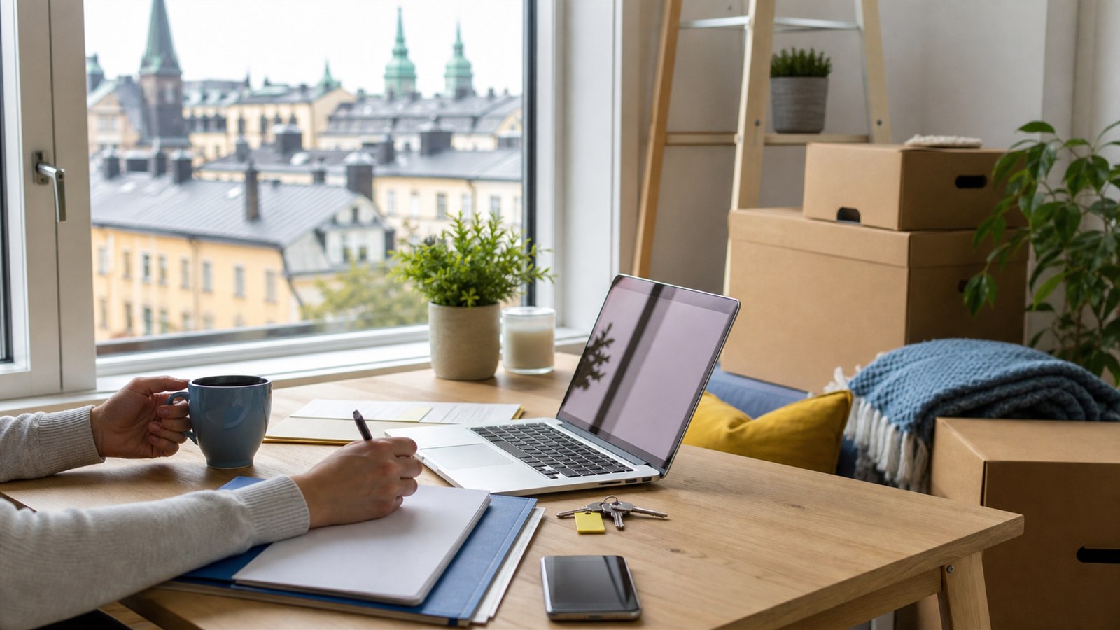 Umzugsplanung für Schweden mit Wohnung, Laptop und Unterlagen