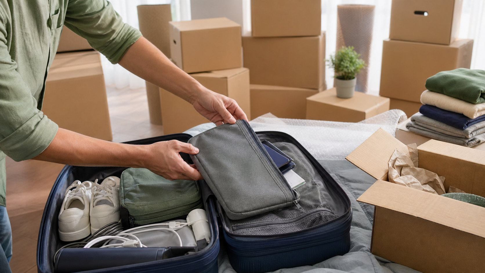 Koffer, Umzugskartons und Dokumententasche beim Packen für die Auswanderung