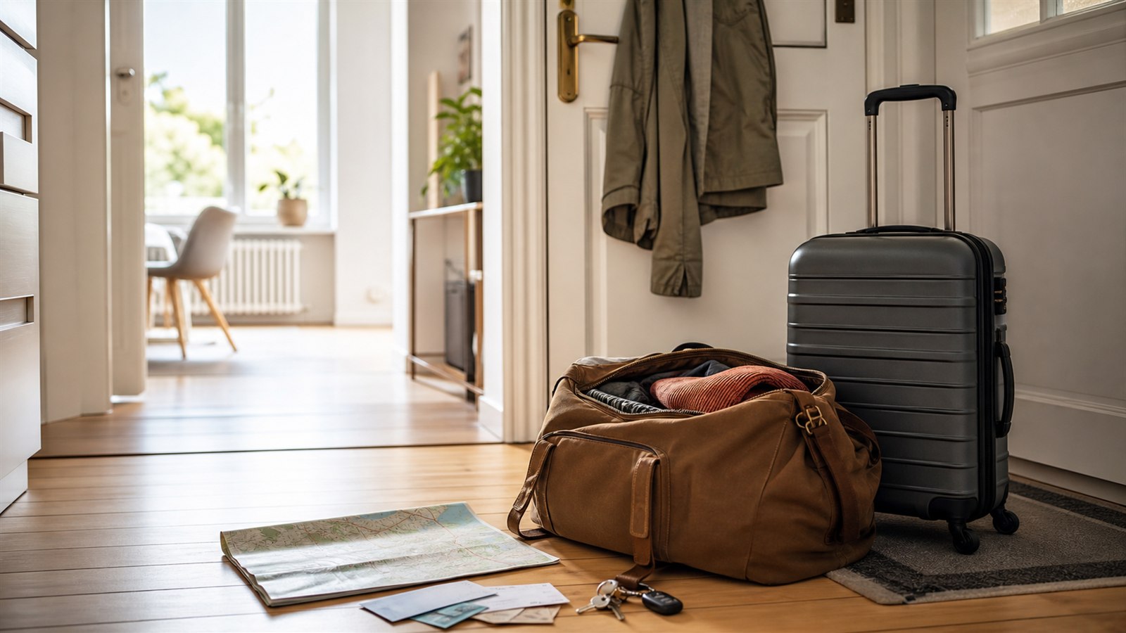 Gepackte Wochenendtasche in einer neuen Wohnung als Symbol für Kurztrips nach dem Auswandern