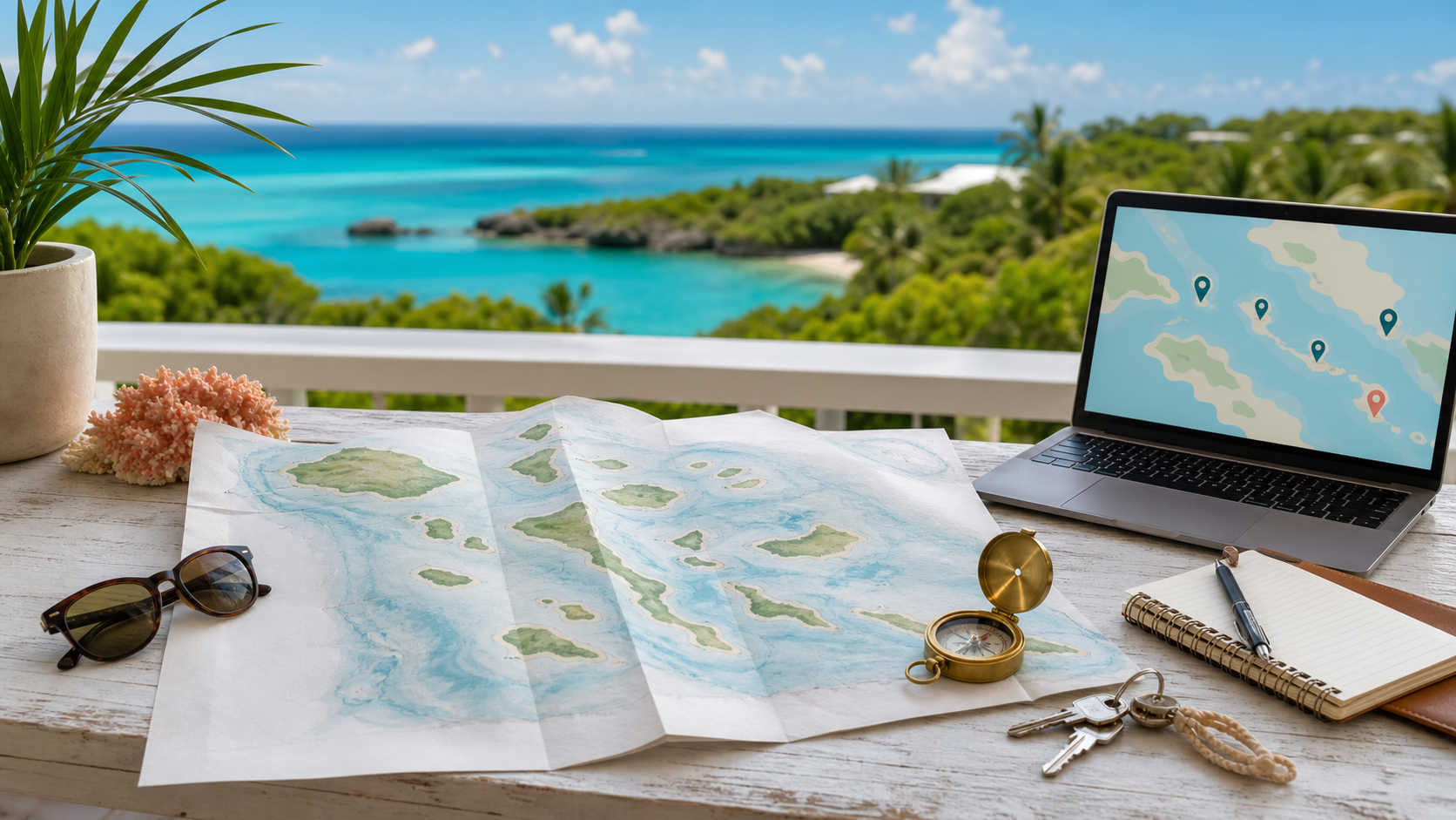 Bahamas-Karte mit Planungsunterlagen auf einer Terrasse am Meer
