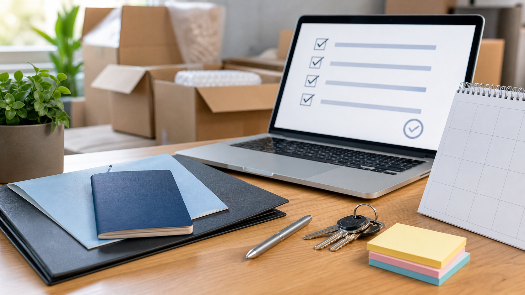 Laptop mit Checkliste, Dokumentenmappe und Umzugskartons für die Auswanderungsplanung