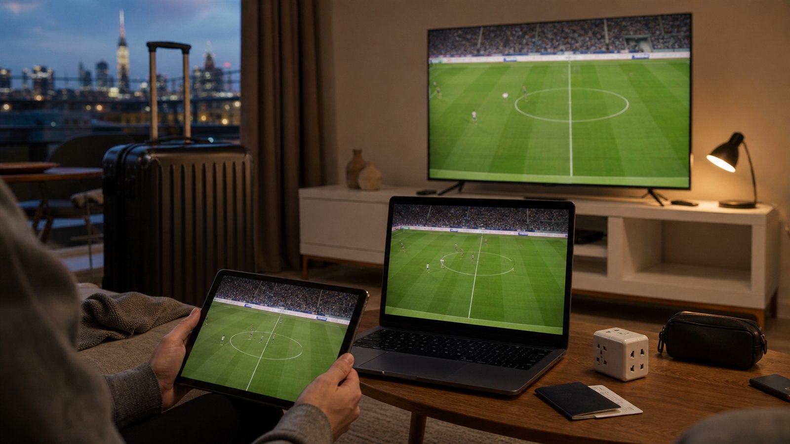 Fußballstream auf mehreren Geräten in Reiseunterkunft ohne Logos oder Vereinszeichen