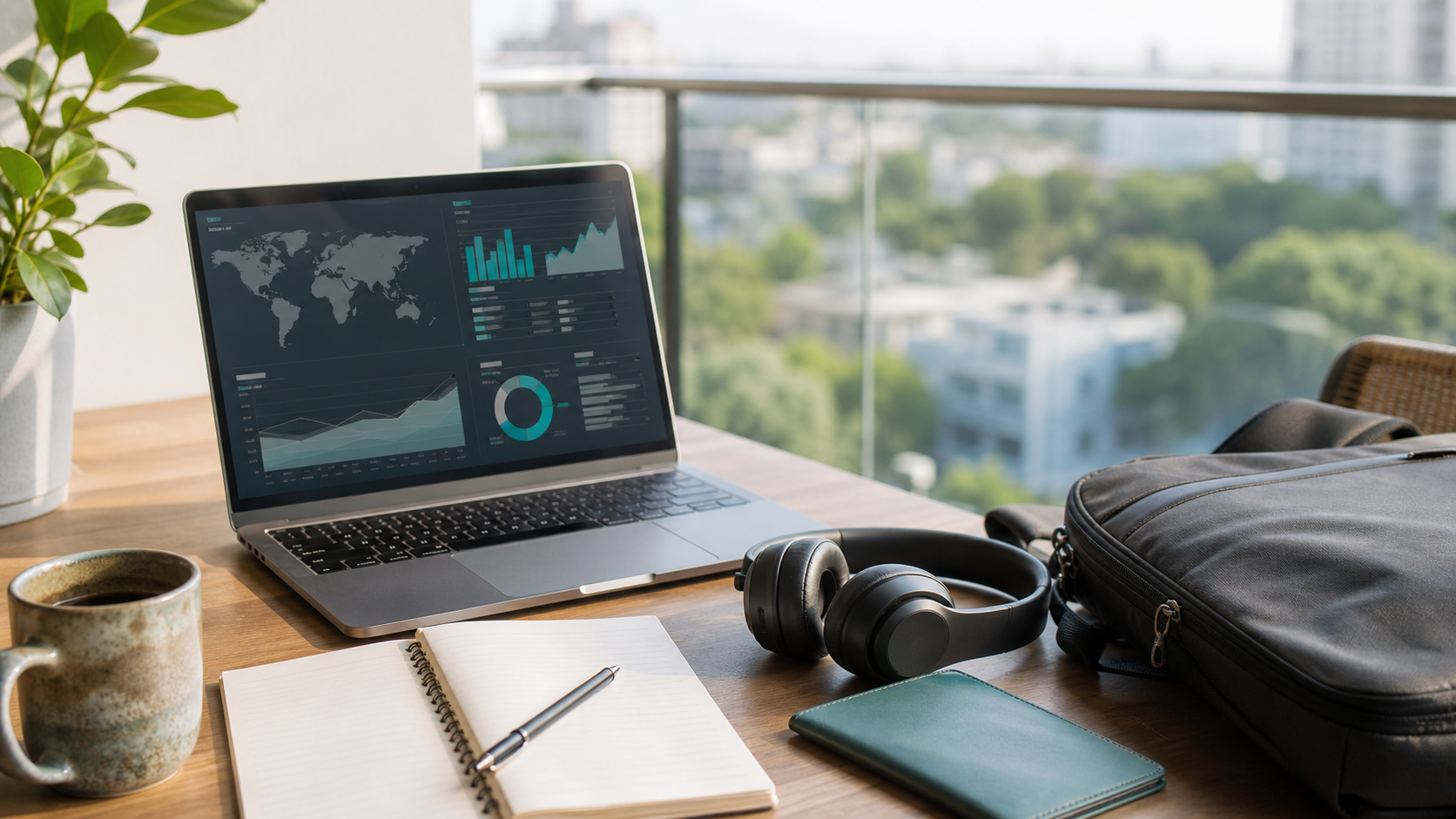 Laptop, Kopfhörer und Reiseunterlagen als Symbol für digitales Nomadentum