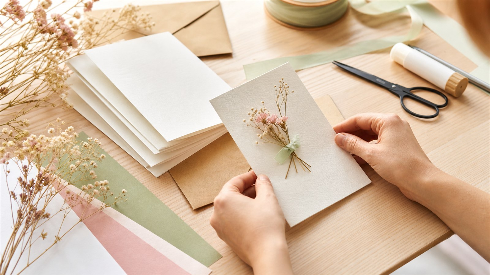 Handgemachte Einladungskarte mit Papier, Trockenblumen und Bastelmaterial ohne Text