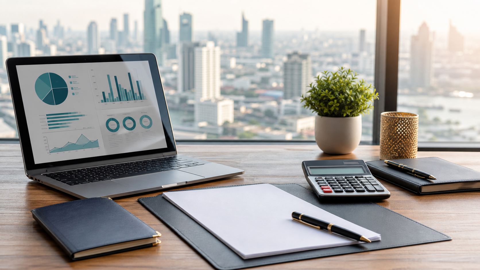 Business-Schreibtisch mit Laptop und Unterlagen vor moderner Stadtsilhouette in Thailand