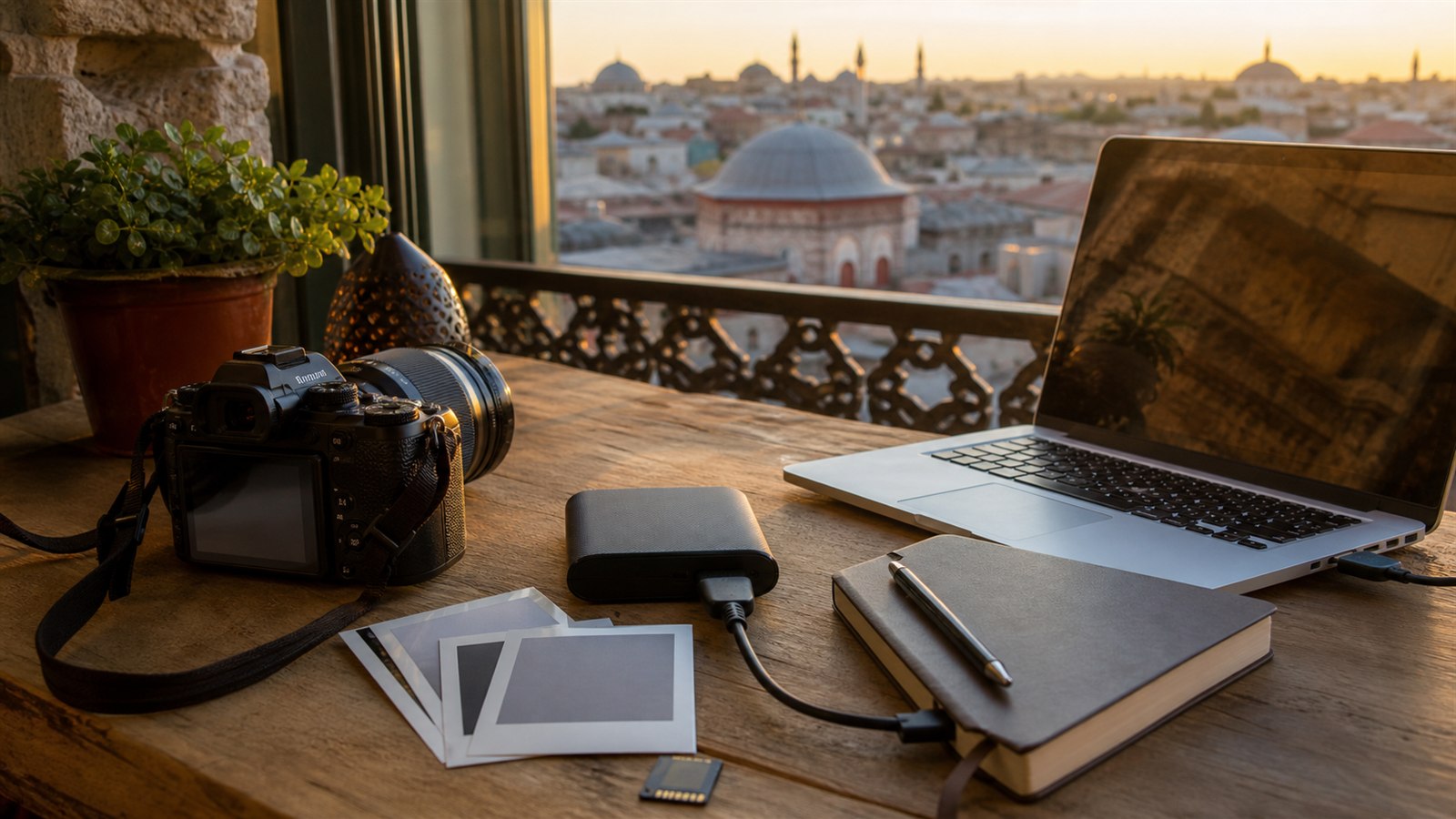 Kamera, Speicherkarte und Laptop auf einem Reisetisch beim Sichern von Fotos im Ausland