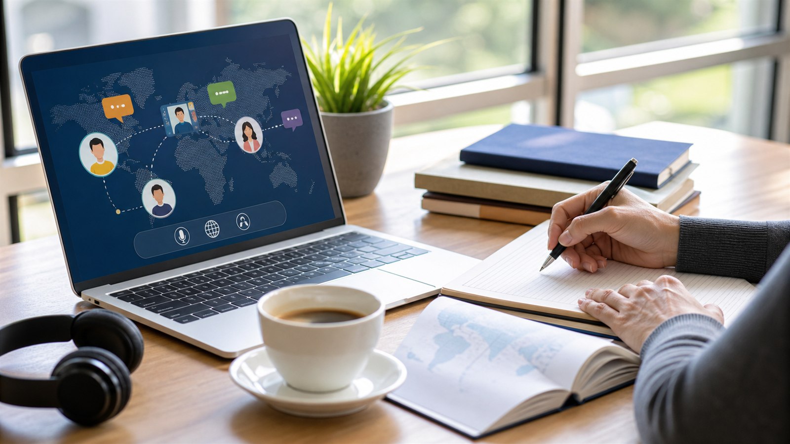Schreibtisch mit Laptop und Lernunterlagen zum Fremdsprachelernen für internationale Karriere