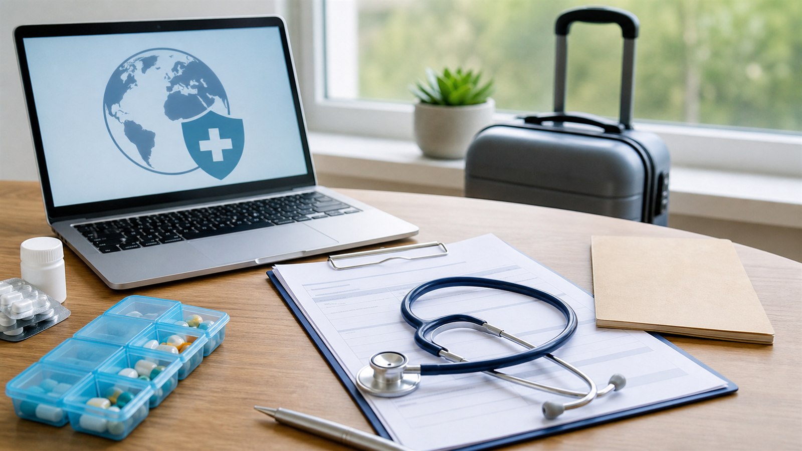 Schreibtisch mit Stethoskop, Medikamentenbox und Reiseunterlagen für Gesundheitsschutz im Ausland