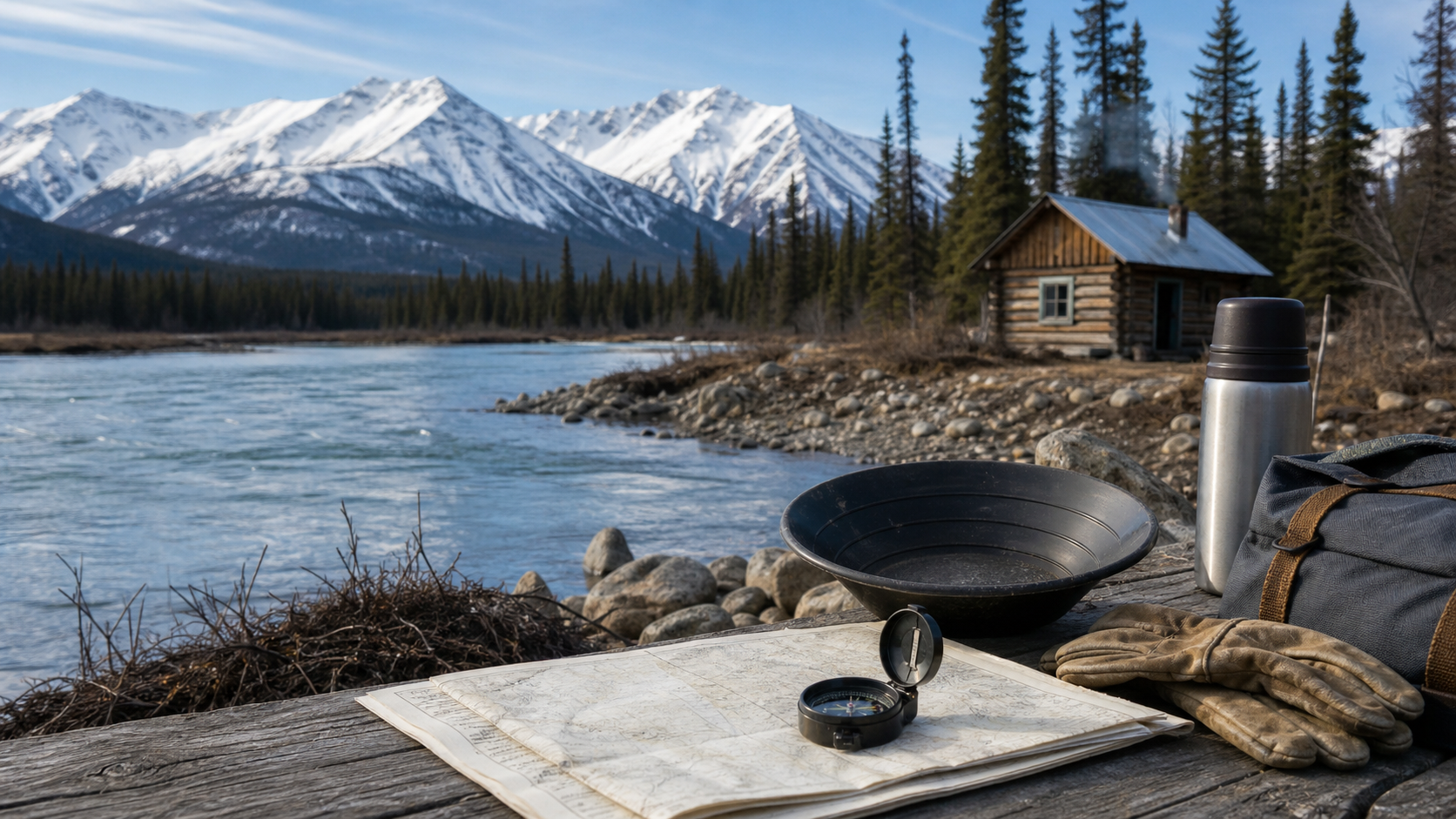 Nordische Berglandschaft mit Fluss, Hütte und Ausrüstung für realistische Klondike- und Alaska-Planung