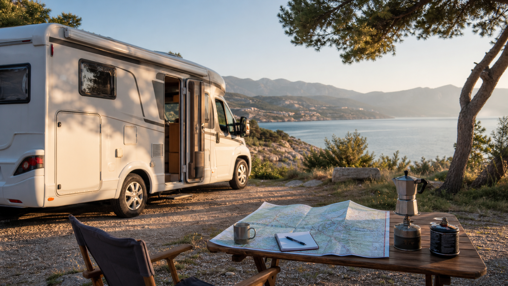 Wohnmobil an einem Aussichtspunkt mit Reisetisch, Karte und Campingausrüstung
