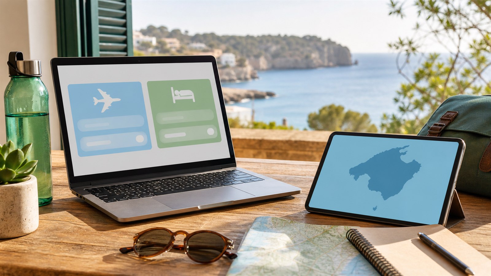 Laptop mit Reiseplanung vor mediterraner Küste für eine günstige Mallorca-Reise