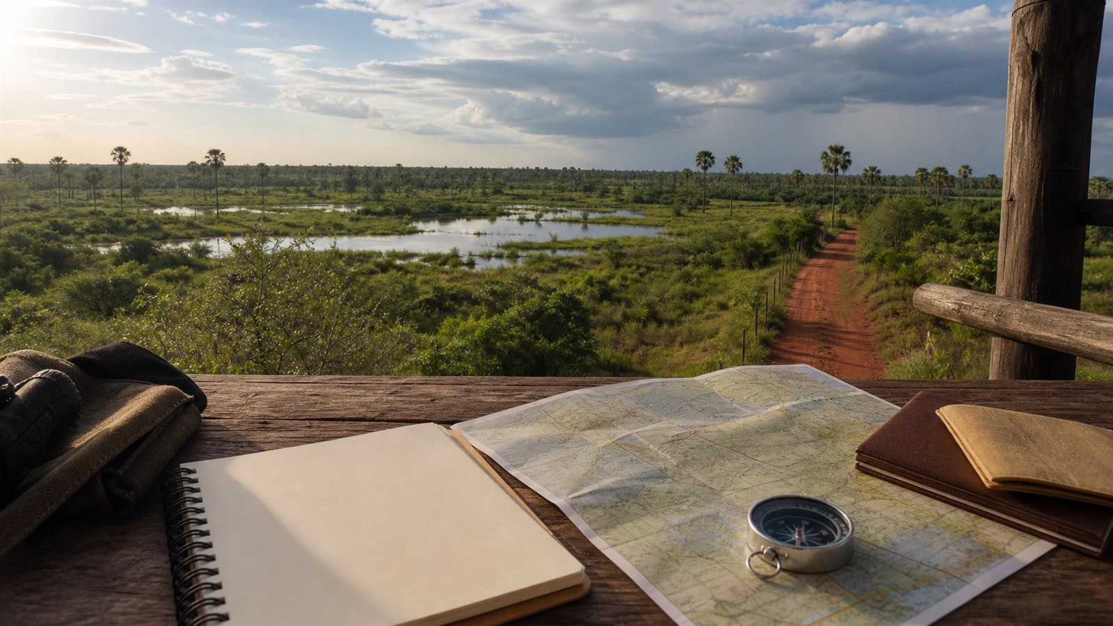 Paraguay Landschaft mit Feuchtgebiet, roter Erde, Karte und Notizbuch zur Auswanderungsplanung