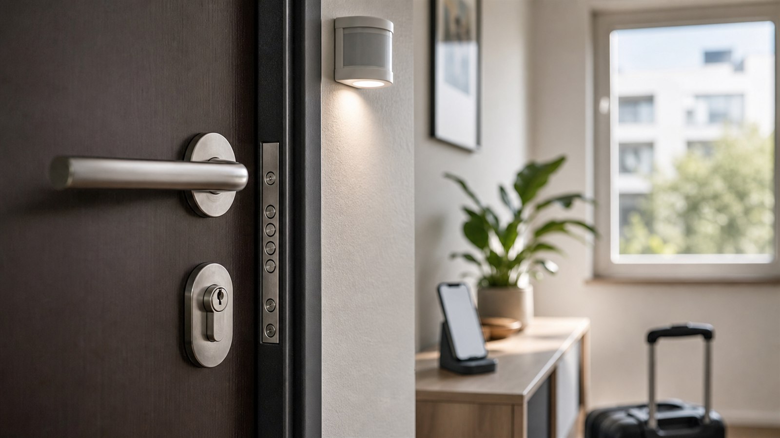 Einbruchschutz mit gesicherter Wohnungstür, Bewegungsmelder und Smartphone