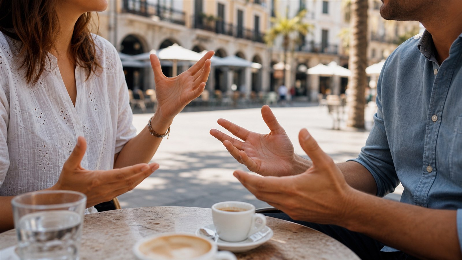 Spanische Gesten im Gespräch an einem Café-Tisch