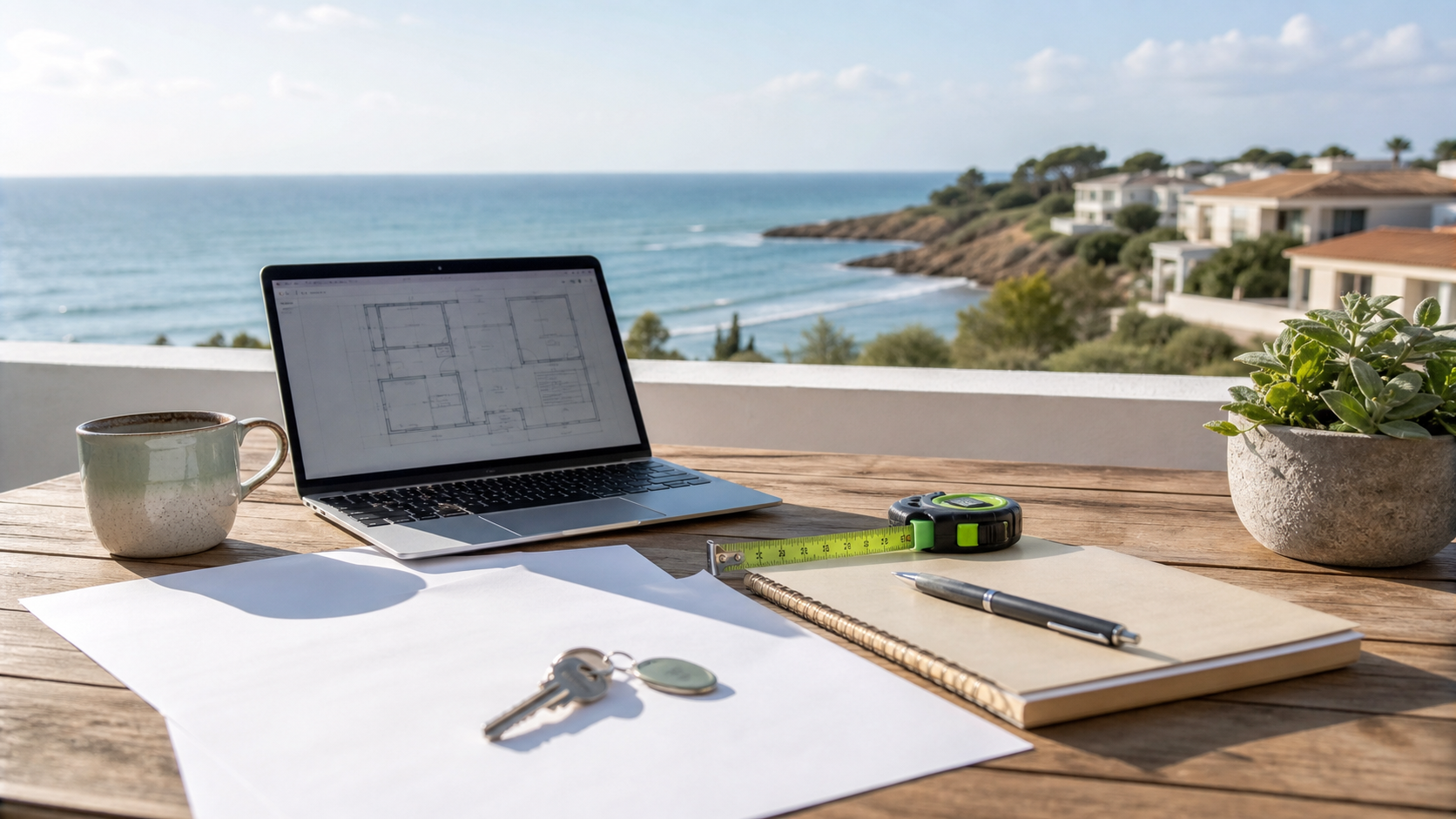 Planungsunterlagen und Schlüssel auf einer Terrasse mit Blick aufs Meer