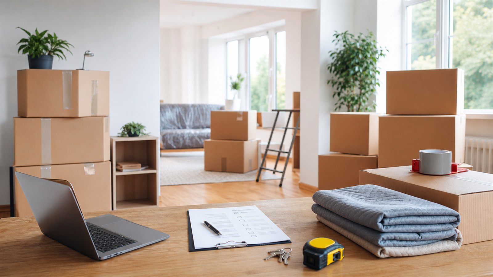 Helle Wohnung mit Umzugskartons, Checkliste und Packdecken
