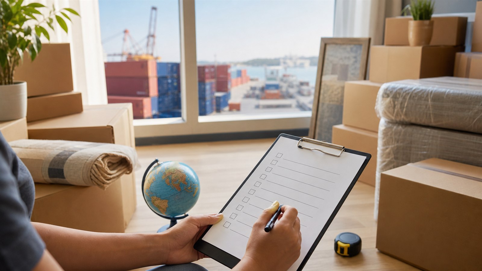 Umzugskartons, Checkliste und Hafenblick zur Planung eines weltweiten Auslandsumzugs