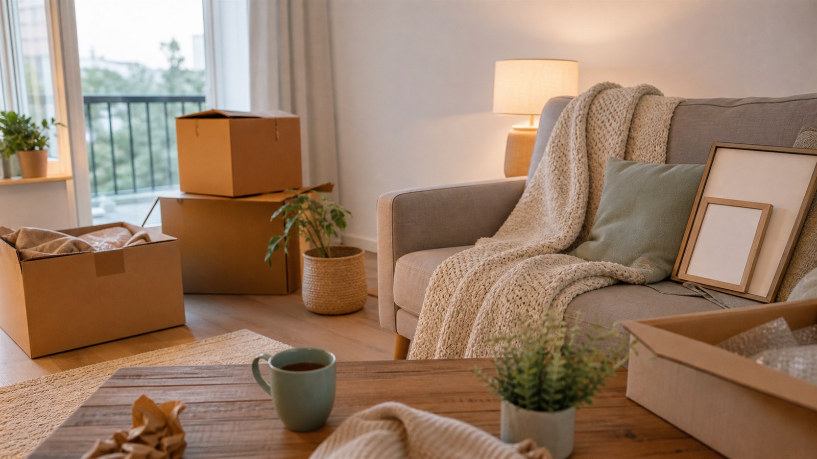 Gemütliches neues Zuhause nach dem Umzug mit Kartons, Sofa und warmem Licht