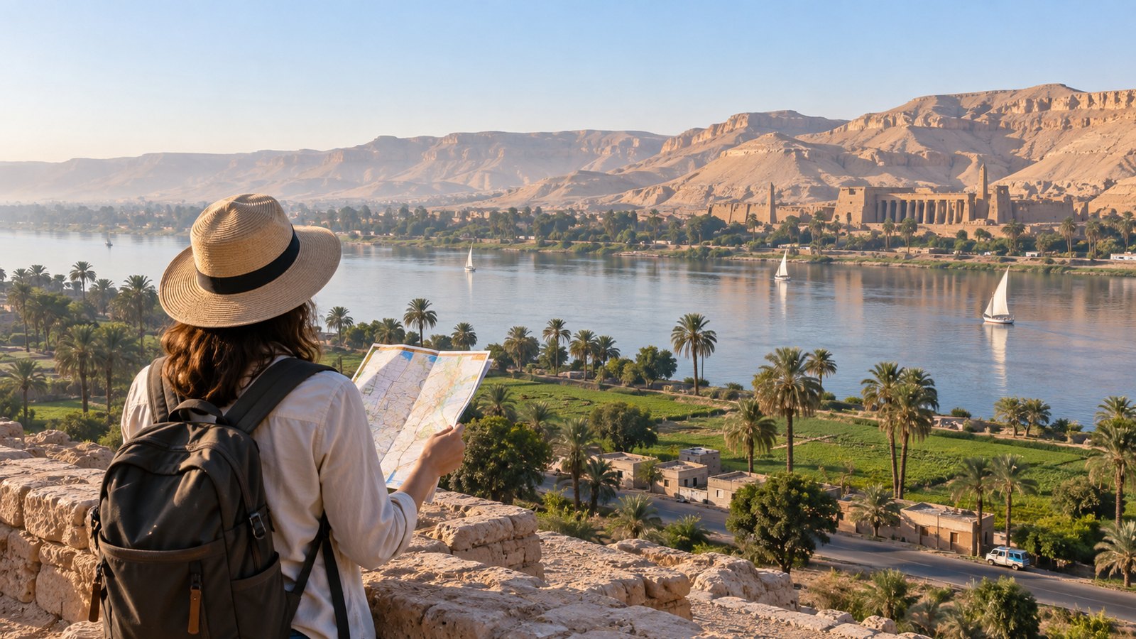 Reisende mit Karte am Nil bei Luxor während einer Ägypten-Rundreise