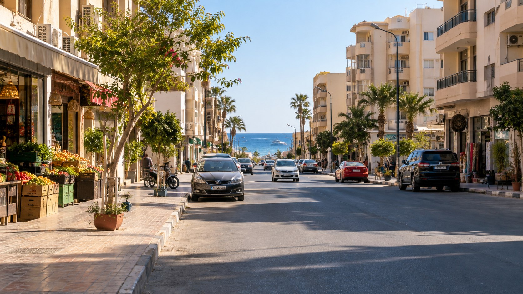 Alltägliche Wohnstraße in Hurghada mit Geschäften und Blick auf das Rote Meer