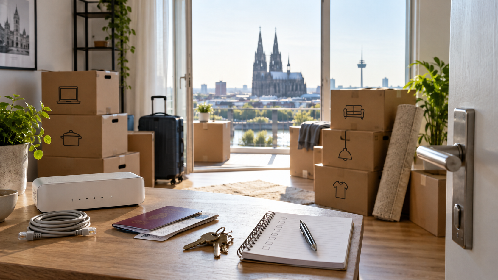 Geordnete Umzugskartons, Router, Schlüssel und Checkliste vor der Auswanderung