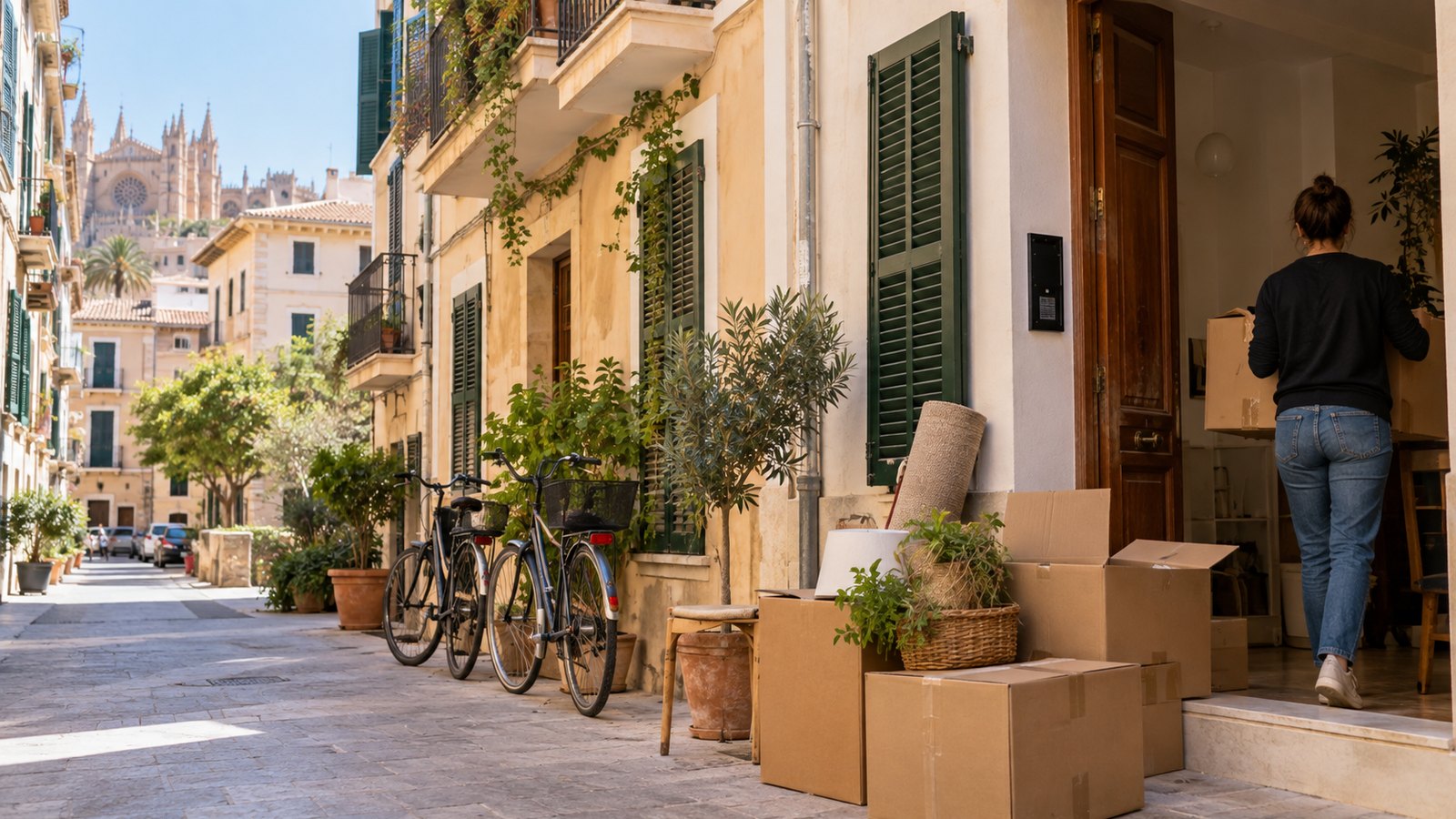 Umzugskartons vor einer Wohnung in einem Wohnviertel auf Mallorca
