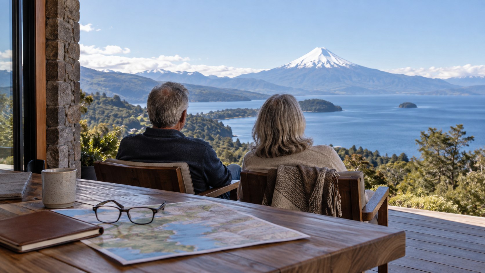 Älteres Paar mit Karte vor einer Seenlandschaft im Süden Chiles