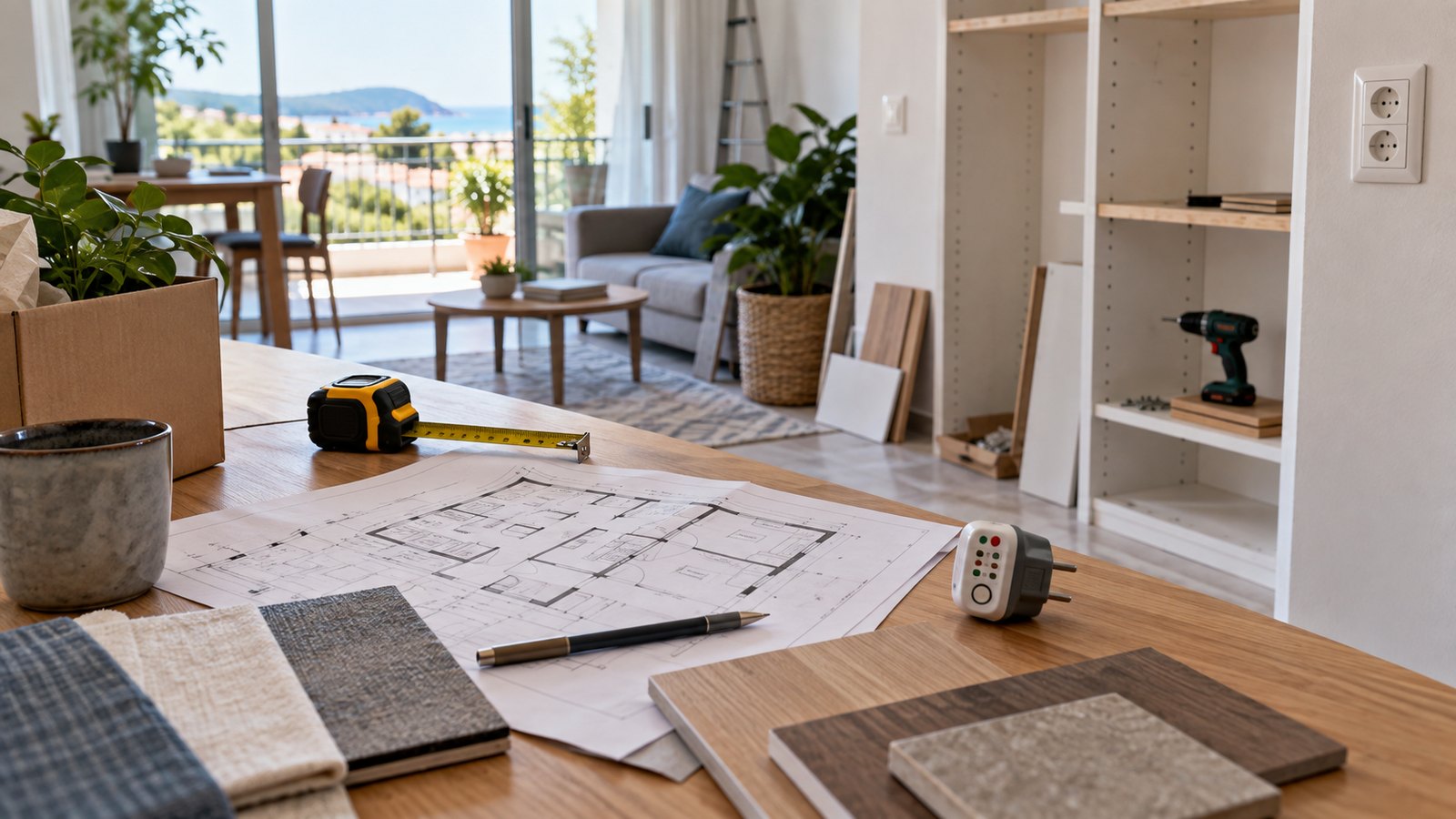 Wohnungsplanung mit Grundriss, Maßband und Materialmustern für ein Haus im Ausland