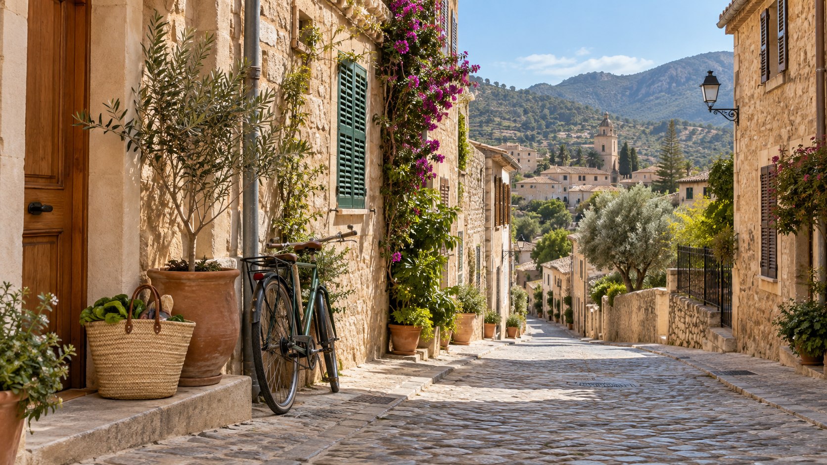 Ruhige mallorquinische Wohnstraße mit Natursteinfassaden, Fahrrad und Markttasche