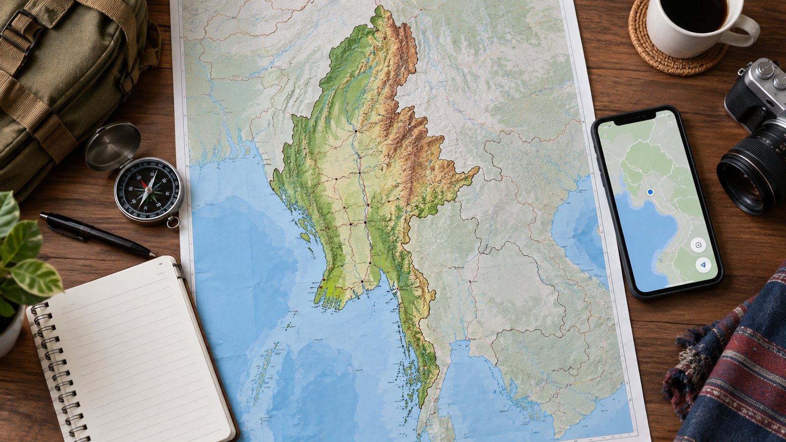 Karte von Myanmar mit Kompass und Smartphone zur Reisevorbereitung