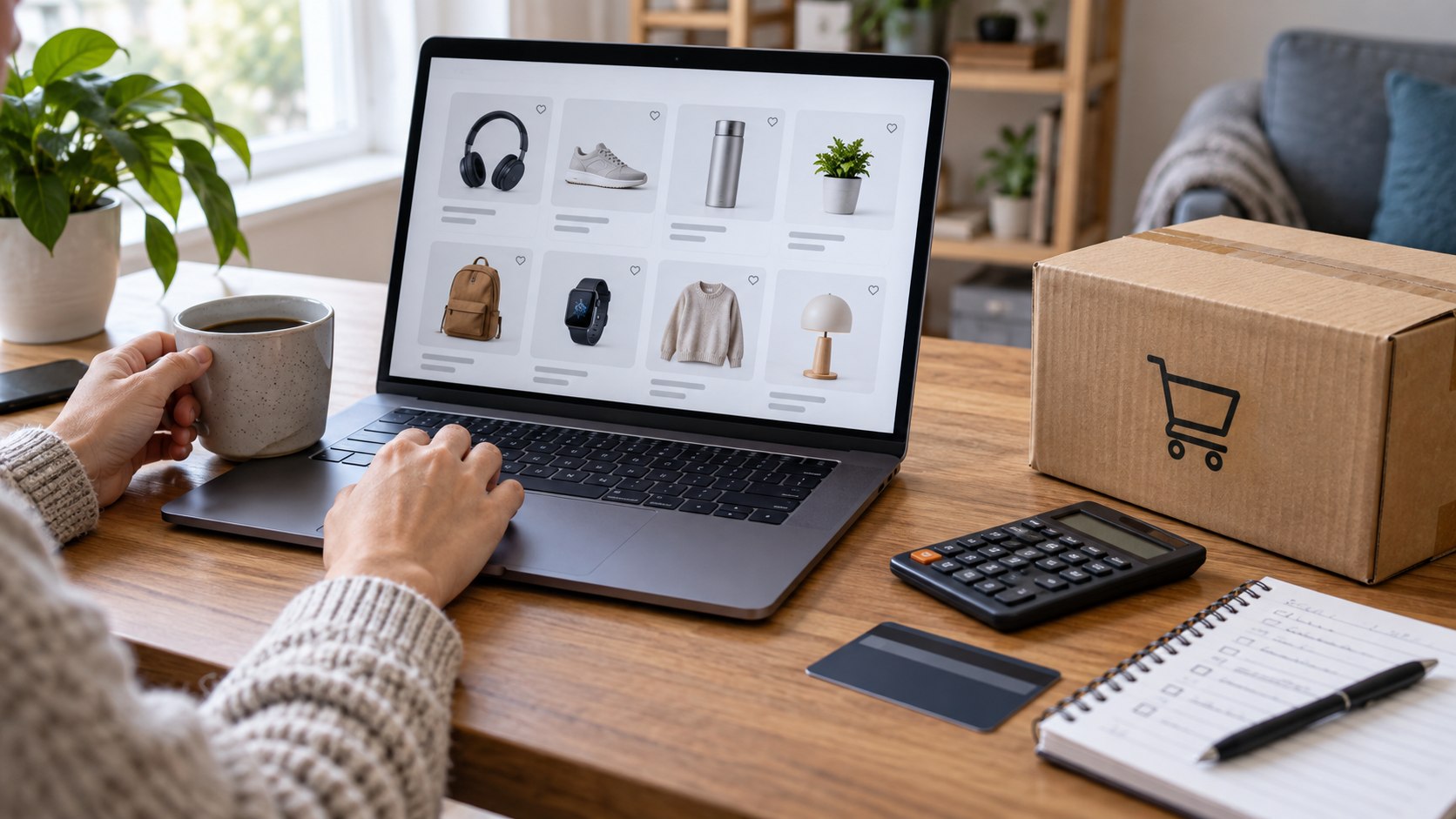 Laptop, Paket und Rechner für einen sicheren Preisvergleich beim Online-Shopping